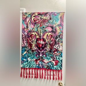 VTG Ed Hardy by Christian Audigier Large Skull Scarf Red Fringe